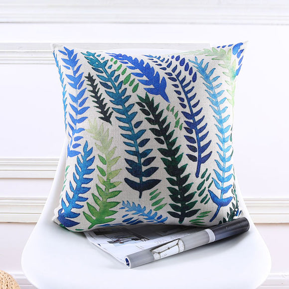 Blue Green Leaves Cushion Cover
