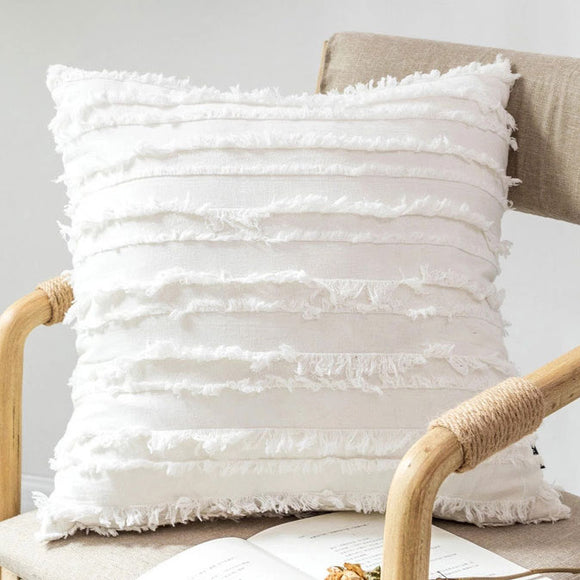 Serene White Fringe Boho Cushion Cover